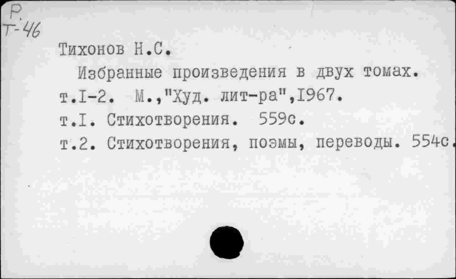 ﻿р.
Т-Ч6
Тихонов Н.С.
Избранные произведения в двух томах.
т.1-2. М.,”Худ. лит-ра”,1967.
т.1. Стихотворения. 559с.
т.2. Стихотворения, поэмы, переводы. 554с